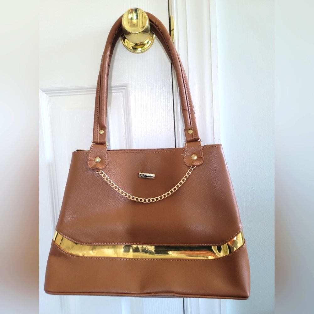 Chic Brown Handbag with Gold Accents